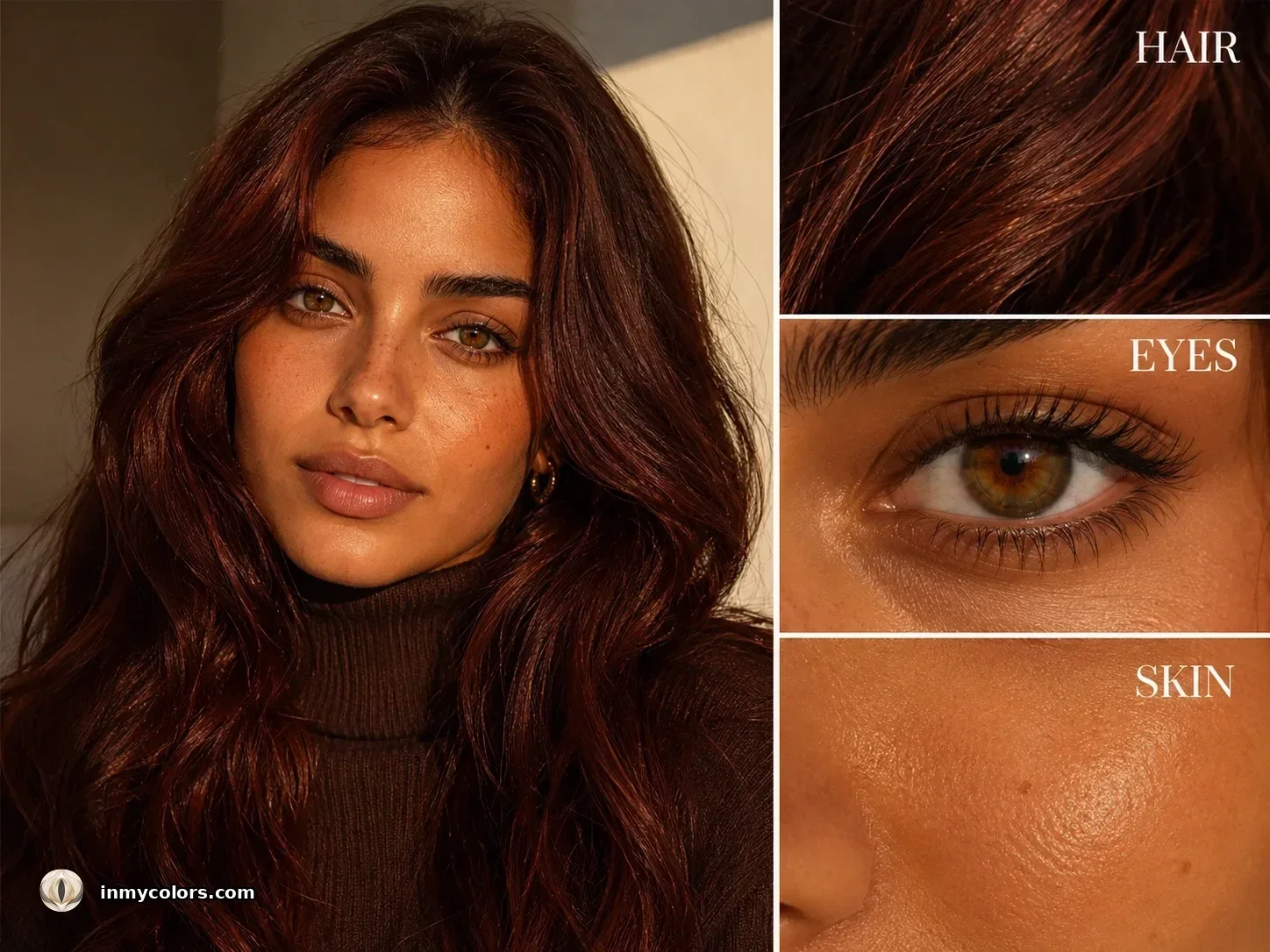 Deep Autumn colouring — rich warm dark skin with mahogany hair and deep warm brown eyes