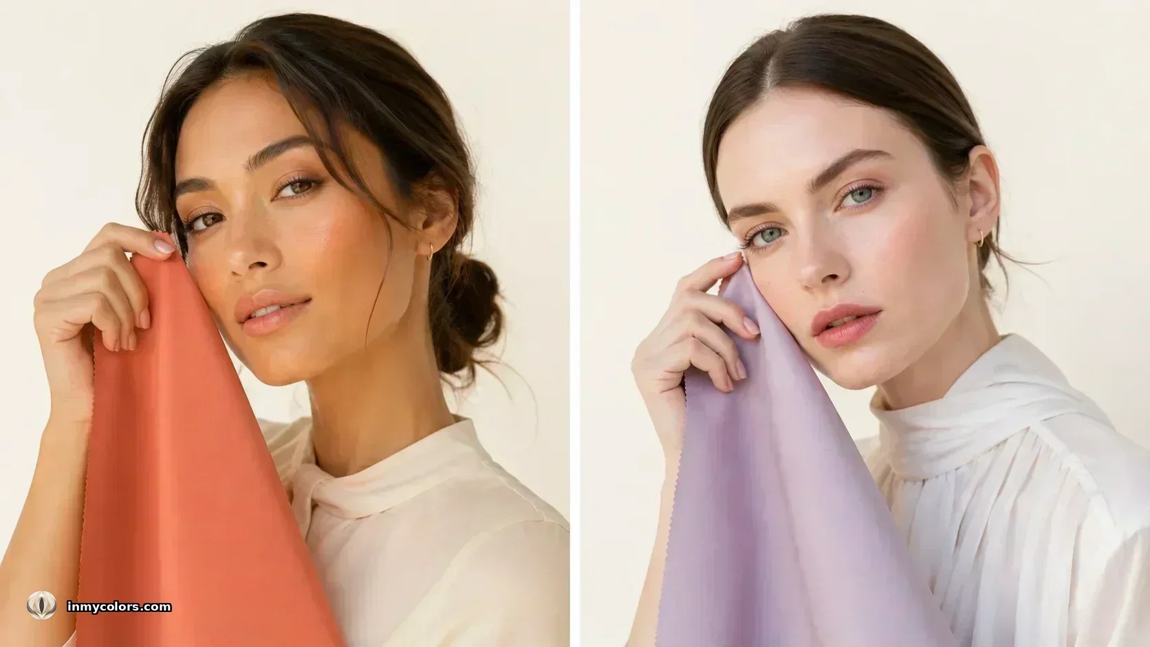 Warm vs cool draping test — warm cognac flatters Autumn, cool lavender flatters Winter