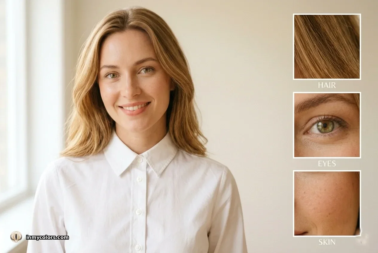 True Spring colouring — golden warm skin, warm medium hair and bright warm eyes
