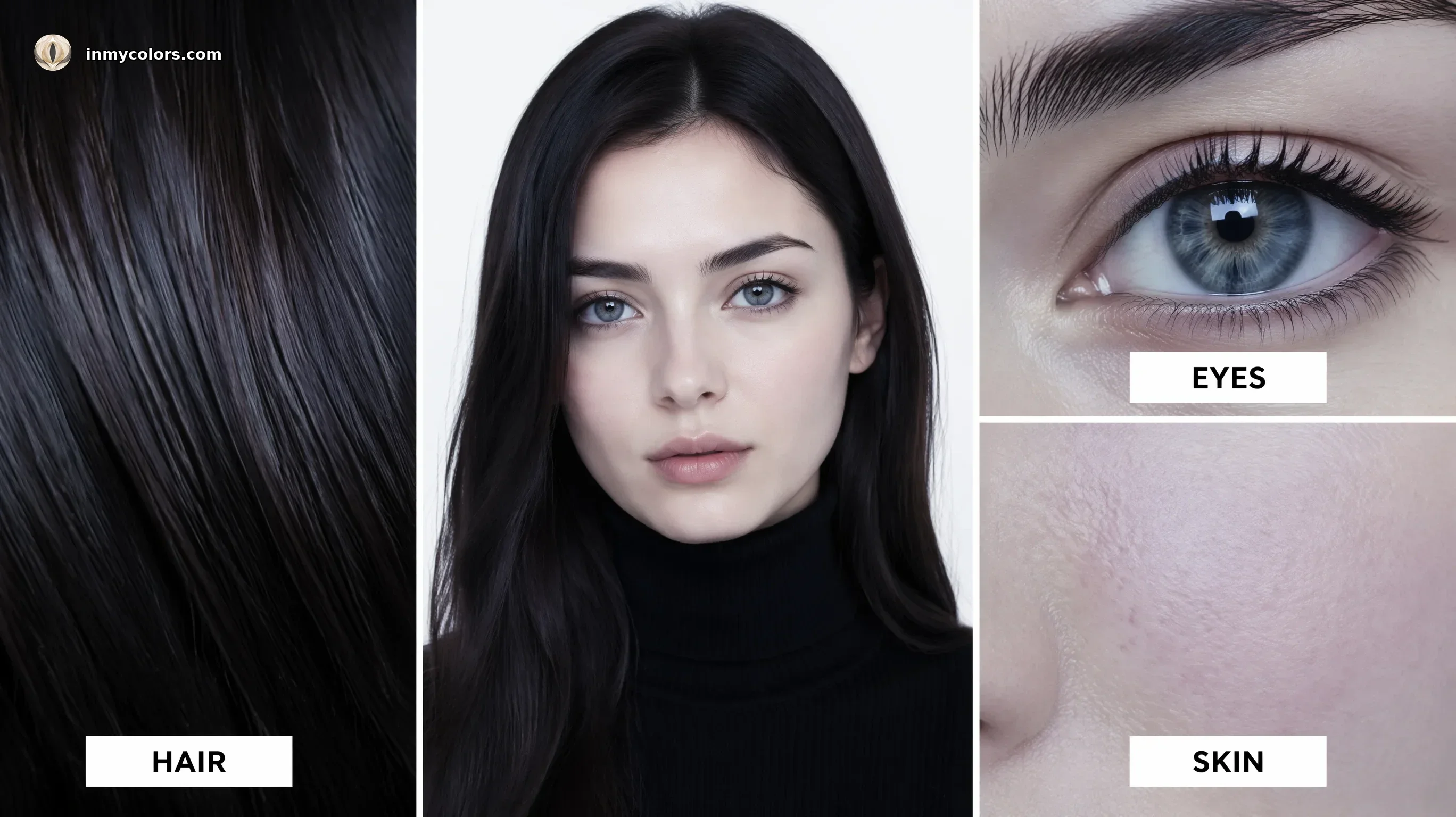 True Winter colouring — cool clear skin with high-contrast dark hair and cool eyes