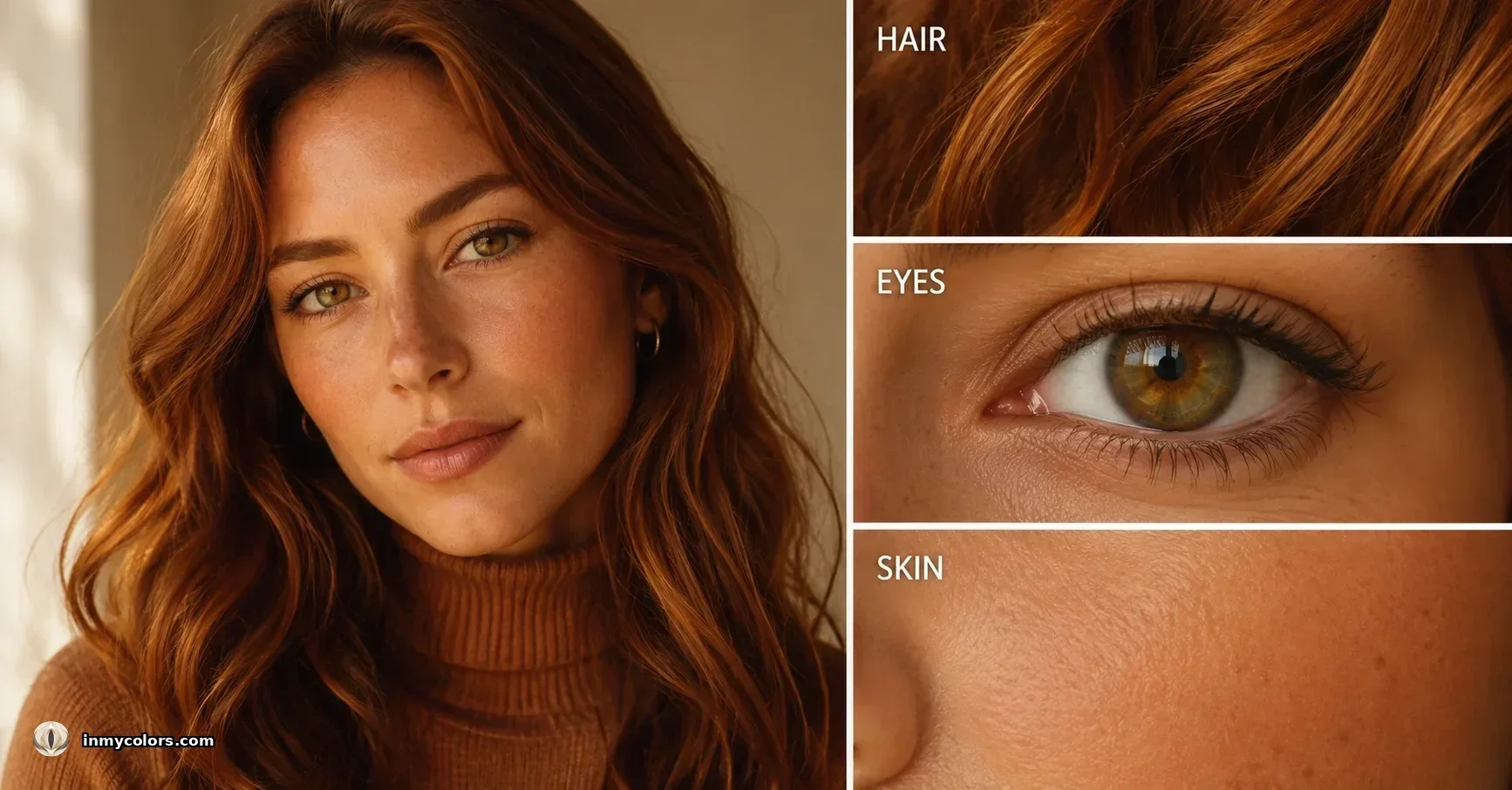 True Autumn colouring — warm golden-olive skin with rich warm hair and hazel eyes
