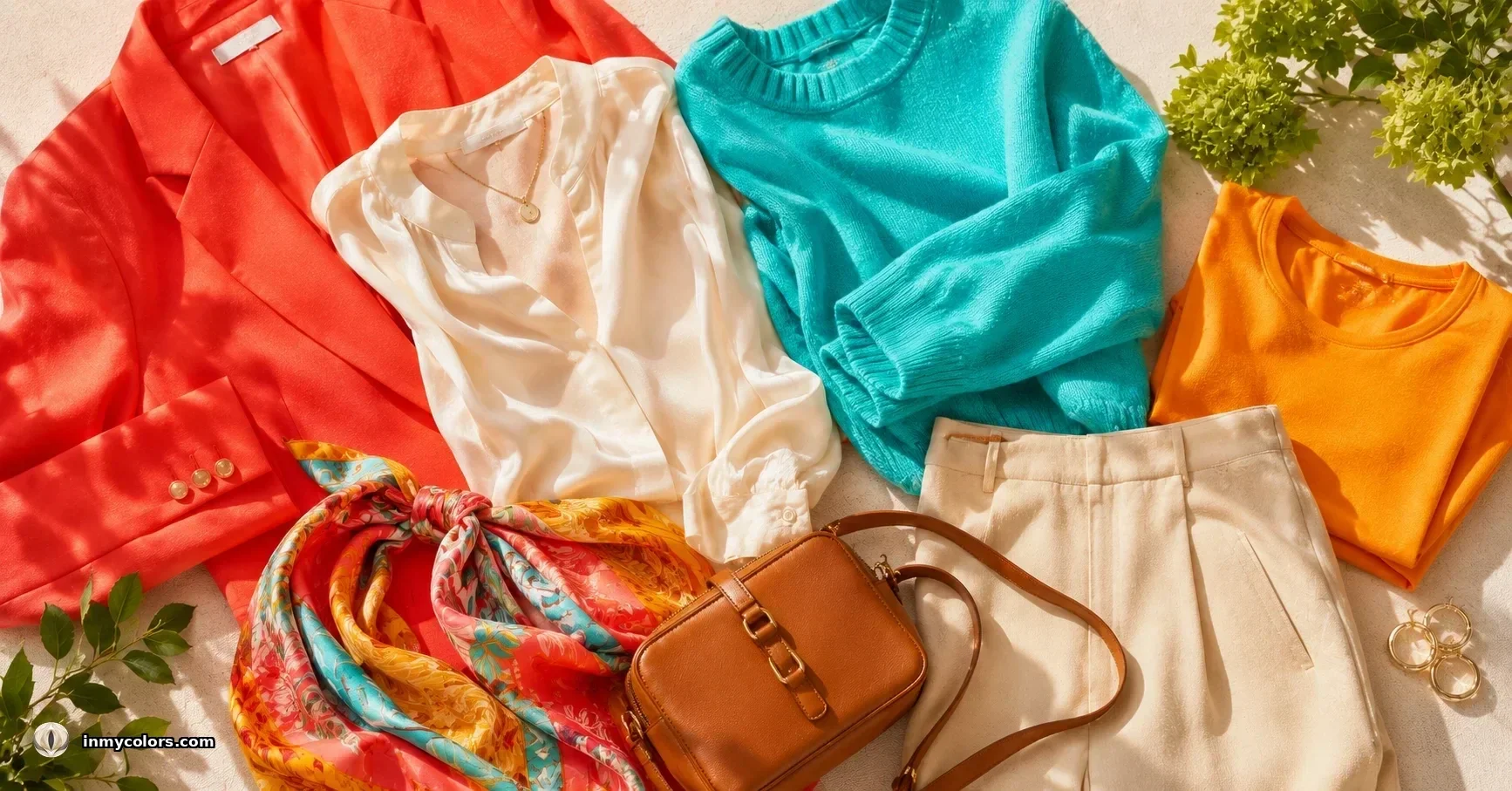 Bright Spring wardrobe capsule flatlay — coral blazer, ivory blouse, turquoise knit, orange top, ivory trousers, tan bag, and vivid warm print scarf