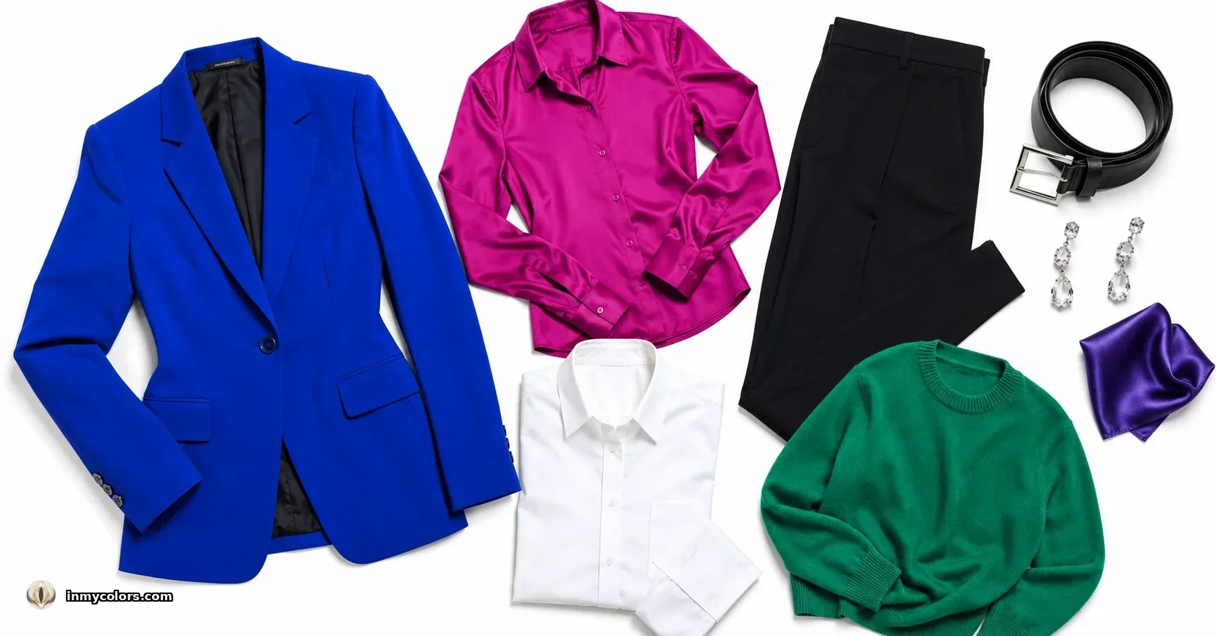Bright Winter wardrobe capsule flatlay — electric blue coat, vivid fuchsia blouse, crisp white shirt, cool black trousers, silver jewellery, clear emerald accessory