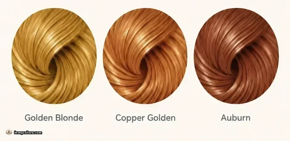 Hair colours to avoid for Bright Winter season: warm highlights, auburn, caramel, golden brown swatches