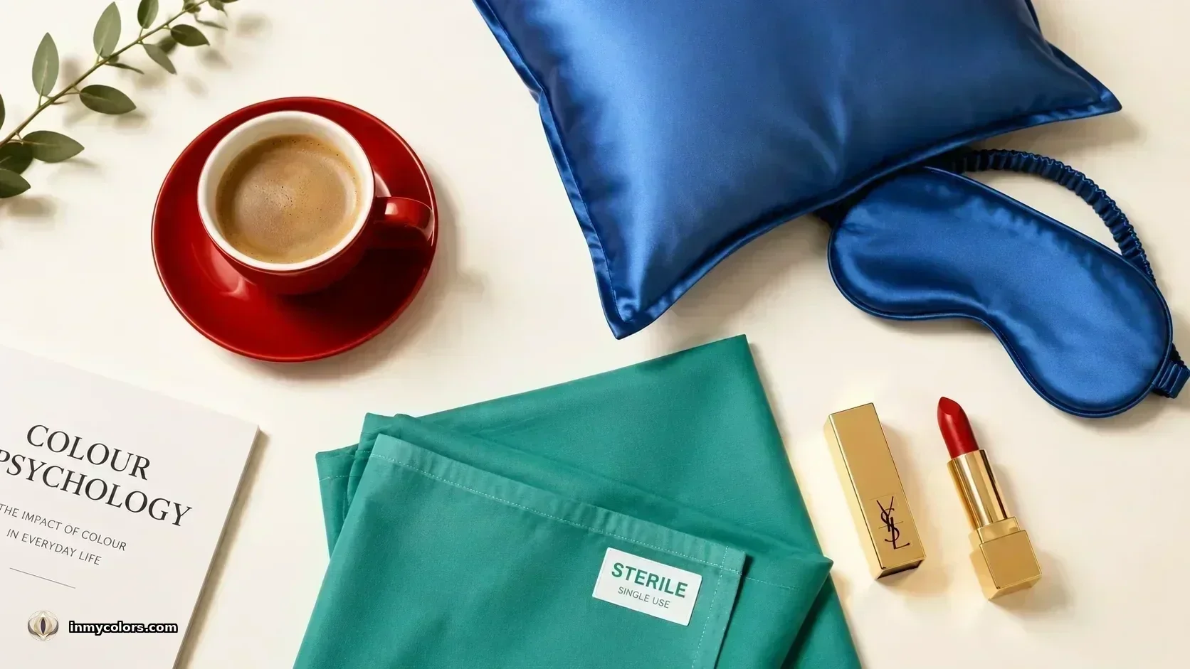 Everyday objects in red, blue, teal, and green illustrating colour psychology effects in daily life