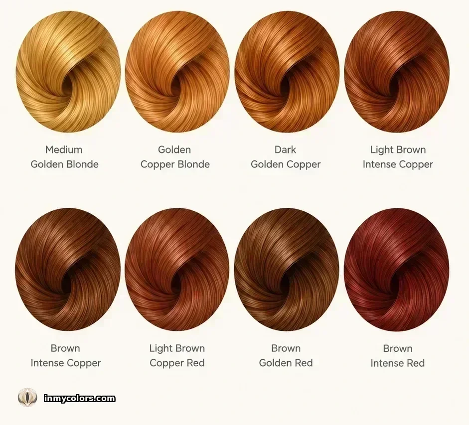 Recommended hair colour swatches for Deep Autumn: deep auburn, rich mahogany, warm dark brown, dark chestnut, warm near-black