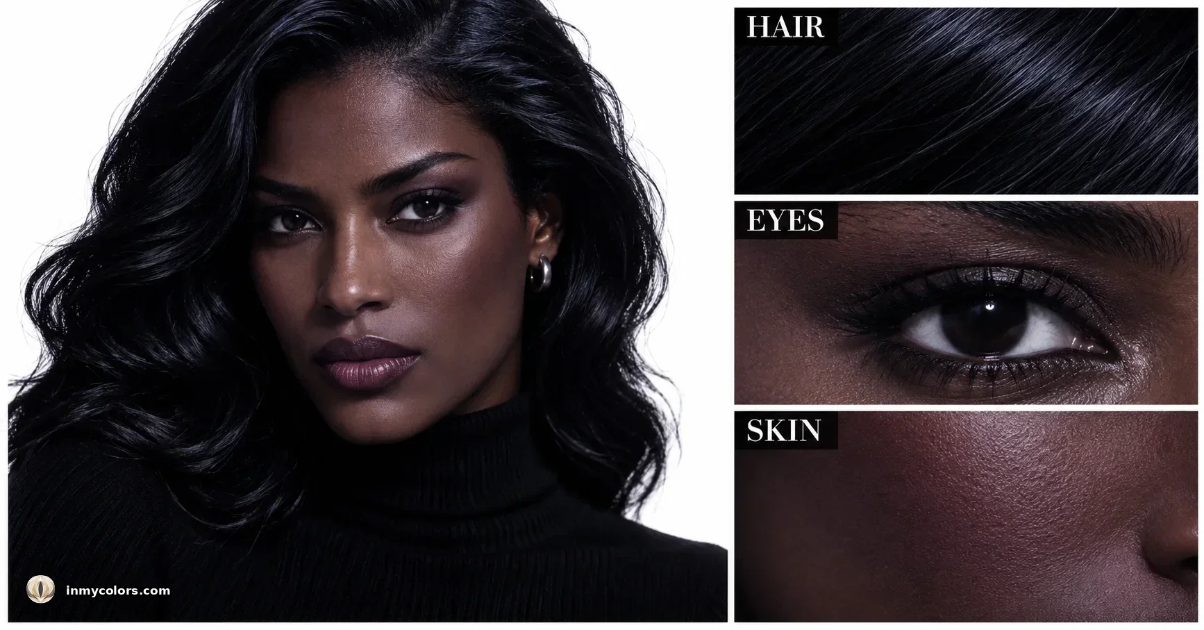 What makes a Deep Winter — portrait with blue-black or very dark cool hair, deep cool near-black or dark grey eyes, and medium-deep to very deep cool-neutral skin with cool blue-ebony shadows