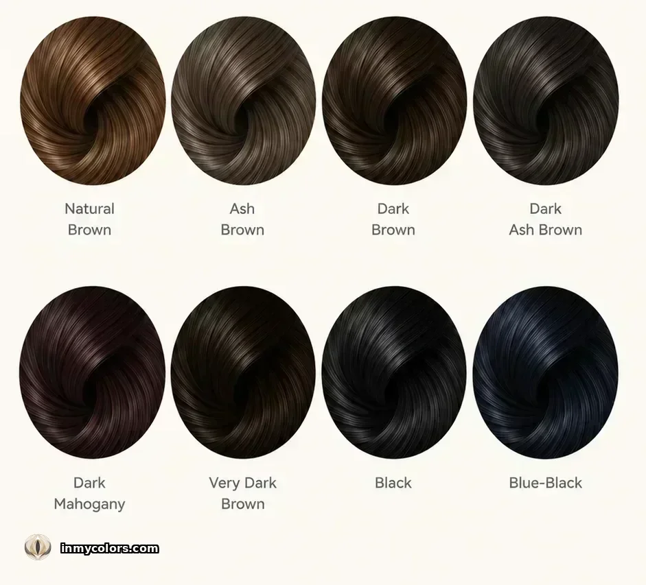Recommended hair colour swatches for Deep Winter: cool dark brown, blue-black, near-black, cool black