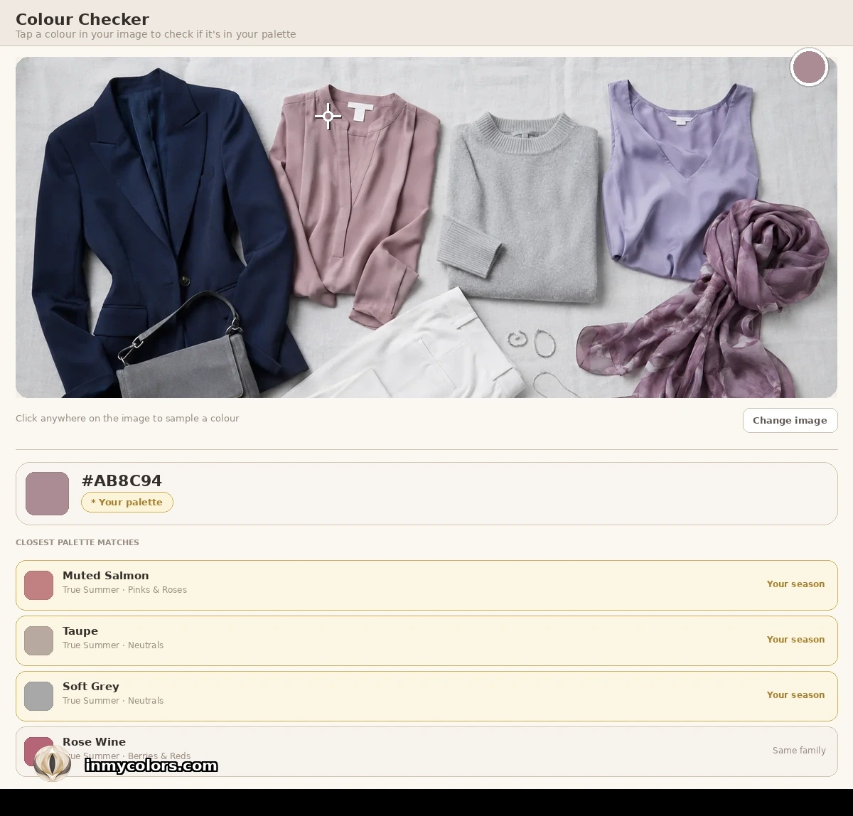 Colour Checker tool identifying a garment colour against a season palette