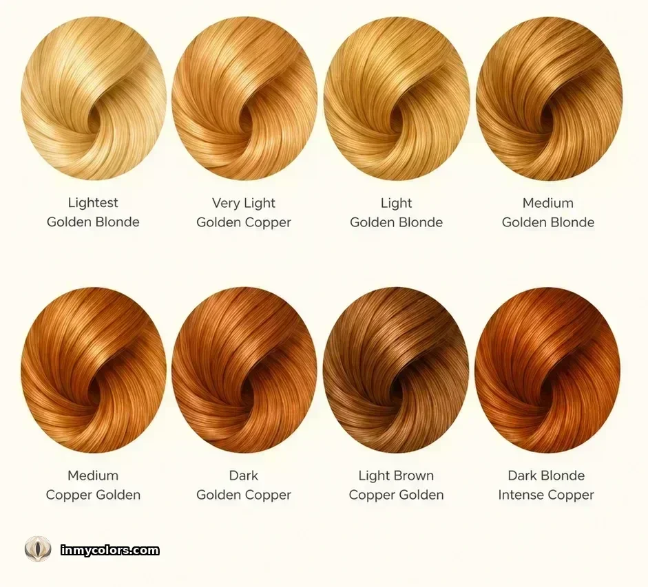Recommended hair colour swatches for True Spring: golden blonde, honey, copper, warm strawberry, warm brown