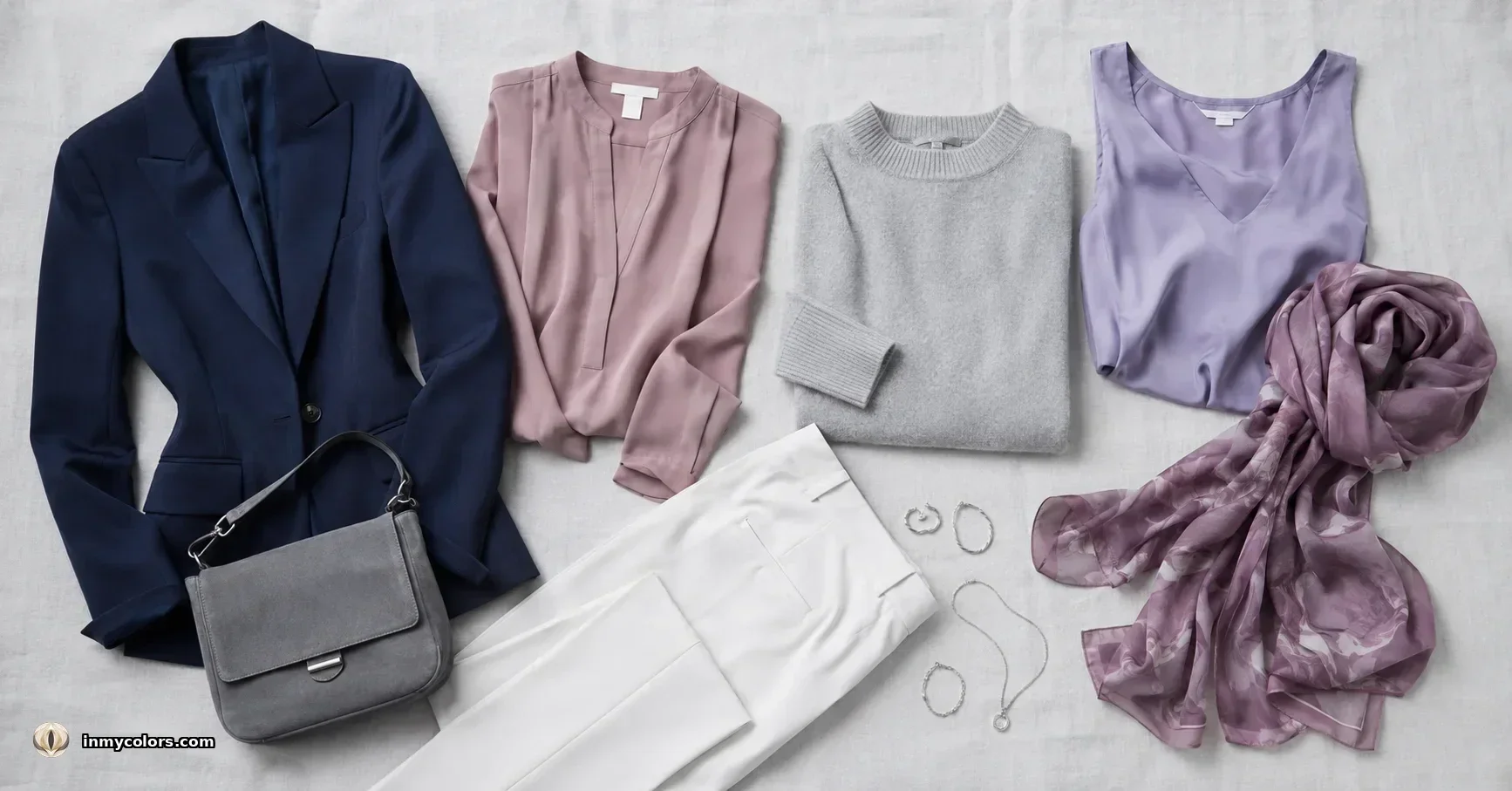 True Summer wardrobe capsule flatlay — navy blazer, dusty rose blouse, grey knit, lavender silk top, white trousers, grey bag, silver jewellery, and mauve scarf