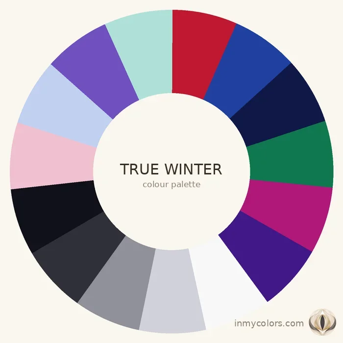 True Winter colour palette wheel — cool clear colours for True Winter season